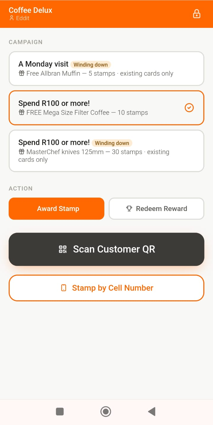 The StampCard till screen with a campaign selected and the Scan Customer QR button ready